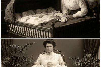 A young mother poses proudly with her triplets in 1903 — but zoom in and you’ll notice there are …